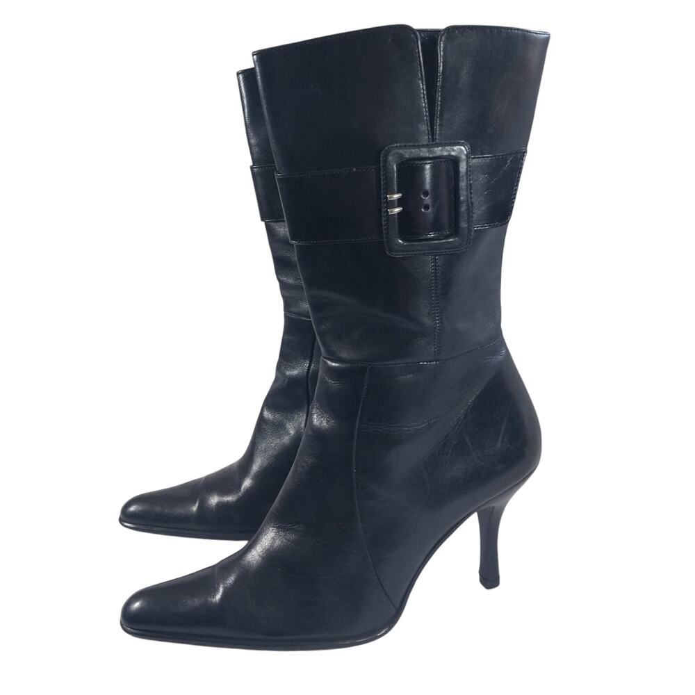 Classic Black Leather Mid-Calf Buckle Ankle Boots